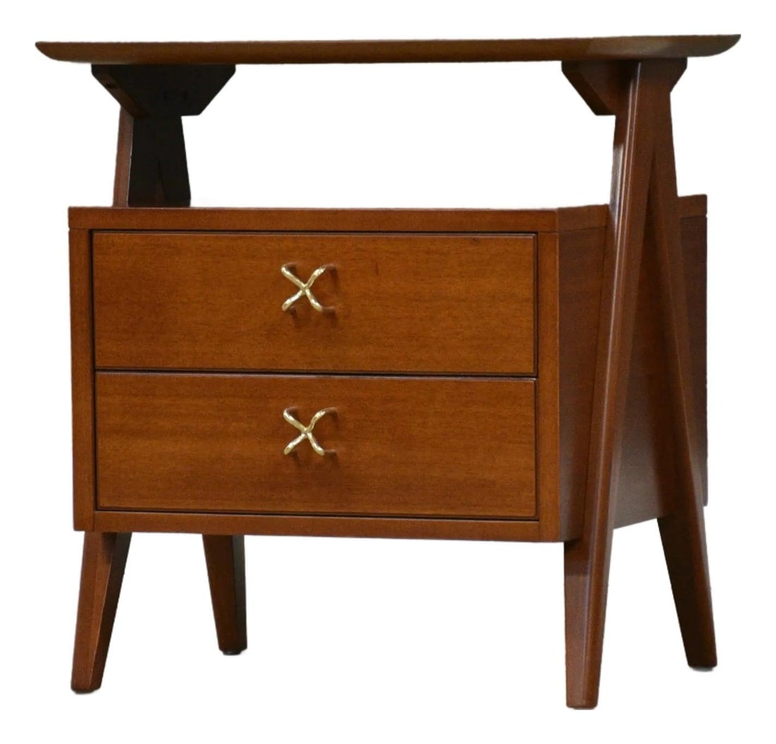 1960s Mid Century Modern Mahogany Nightstand with Brass Pulls: 1960s Mid Century Modern Mahogany Nightstand with Brass Pulls This elegant mid-century modern nightstand showcases a refined mahogany finish, featuring two spacious drawers adorned with polished brass
