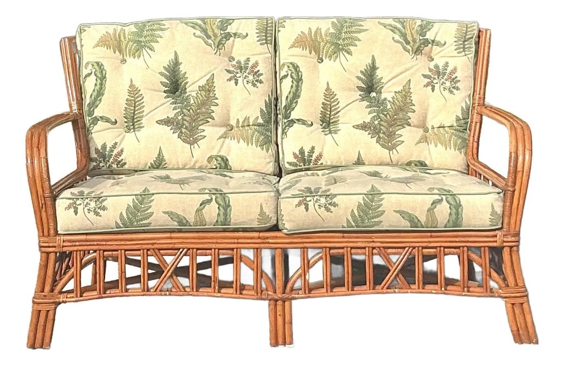 Coastal Vintage Rattan Loveseat with Fern Print Cushions (1 of 8)