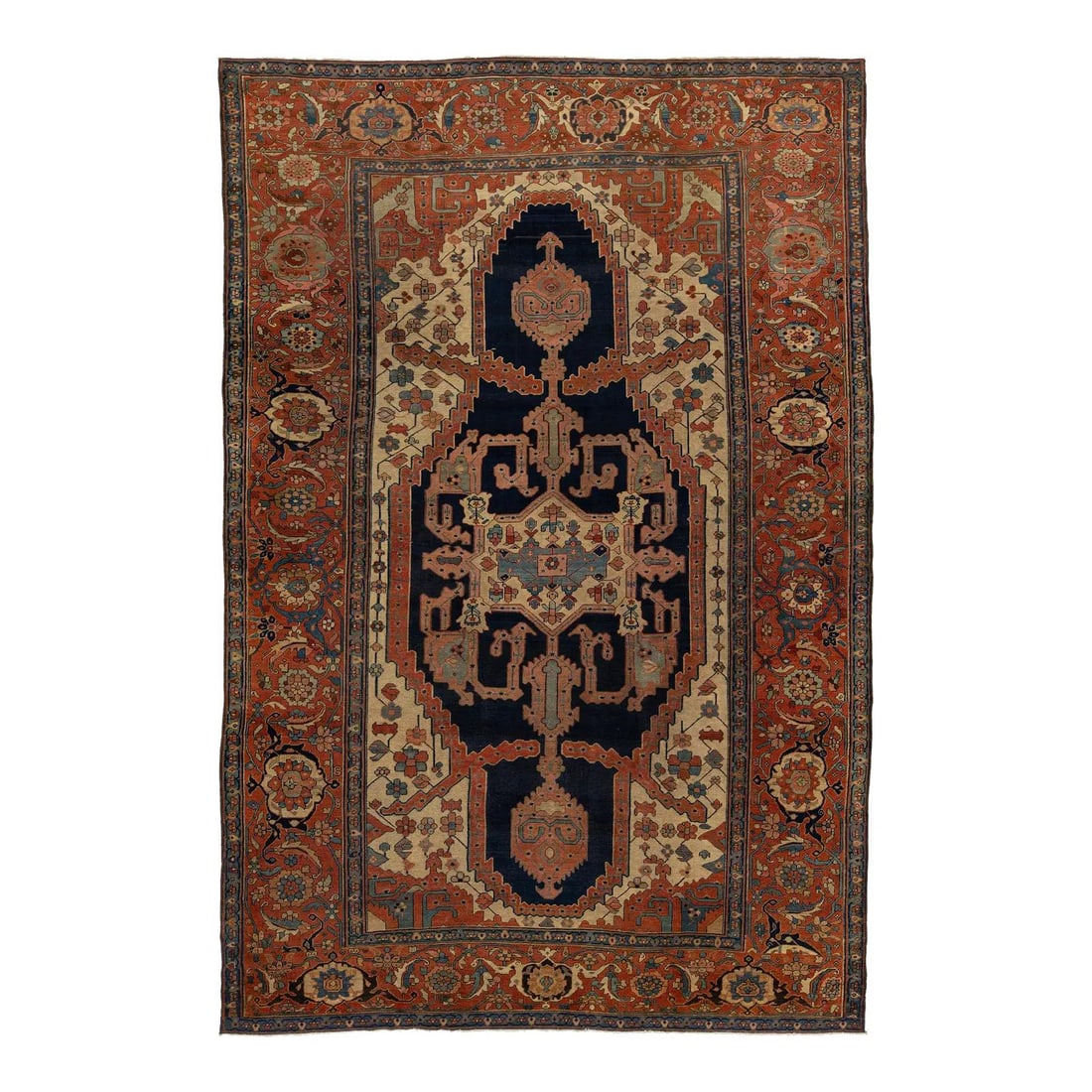 1880s Persian Serapi Blue Wool Rug 9'7 x 14'4 Medallion Design: 1880s Persian Serapi Blue Wool Rug 9'7 x 14'4 Medallion Design Discover the elegance of this 1880s Antique Persian Serapi rug, a stunning hand-knotted masterpiece that showcases exceptional craftsmans