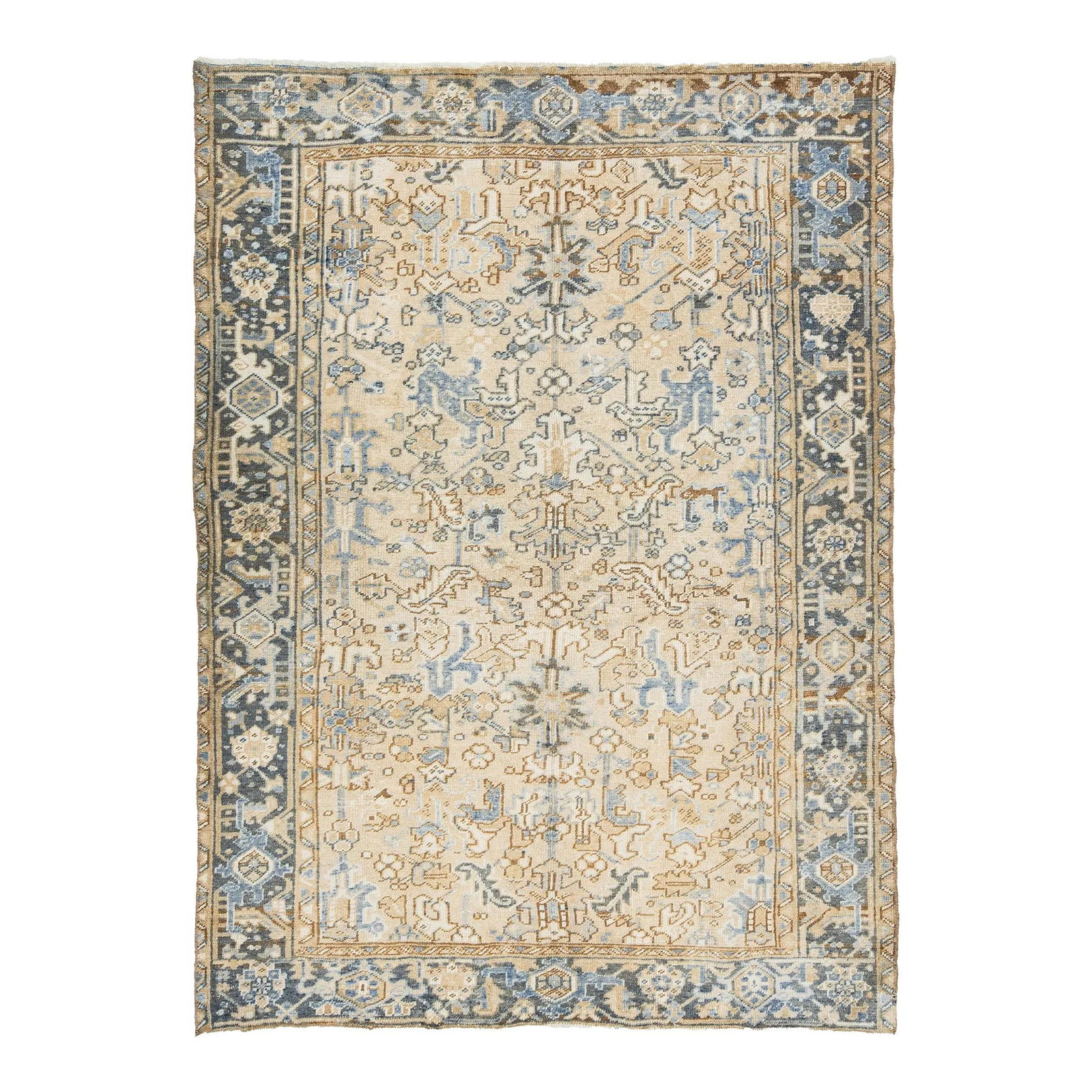 Antique Persian Heriz Wool Rug Beige Blue 5'10 x 8'2: Antique Persian Heriz Wool Rug Beige Blue 5'10 x 8'2 This exquisite antique Persian Heriz wool rug showcases a stunning blue and brown pattern set against a warm beige background. Measuring 5'10" x 8'