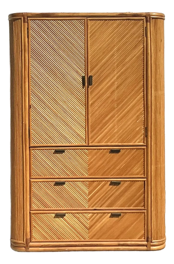 Vintage Coastal Chevron Rattan Armoire with Double Doors (1 of 10)