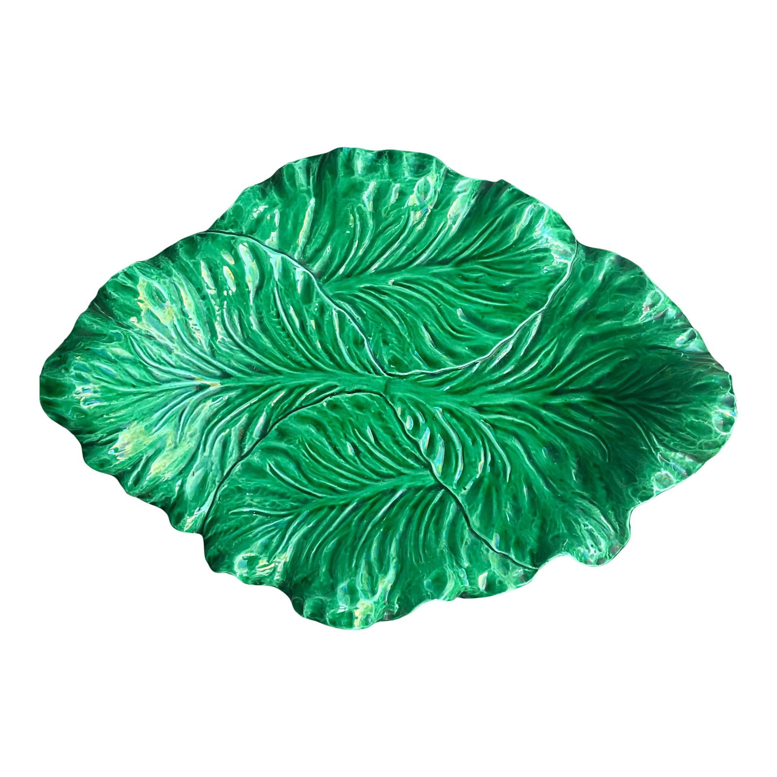 Vintage Regency Portuguese Ceramic Cabbage Leaves Platter 12.5x17 Green (1 of 10)