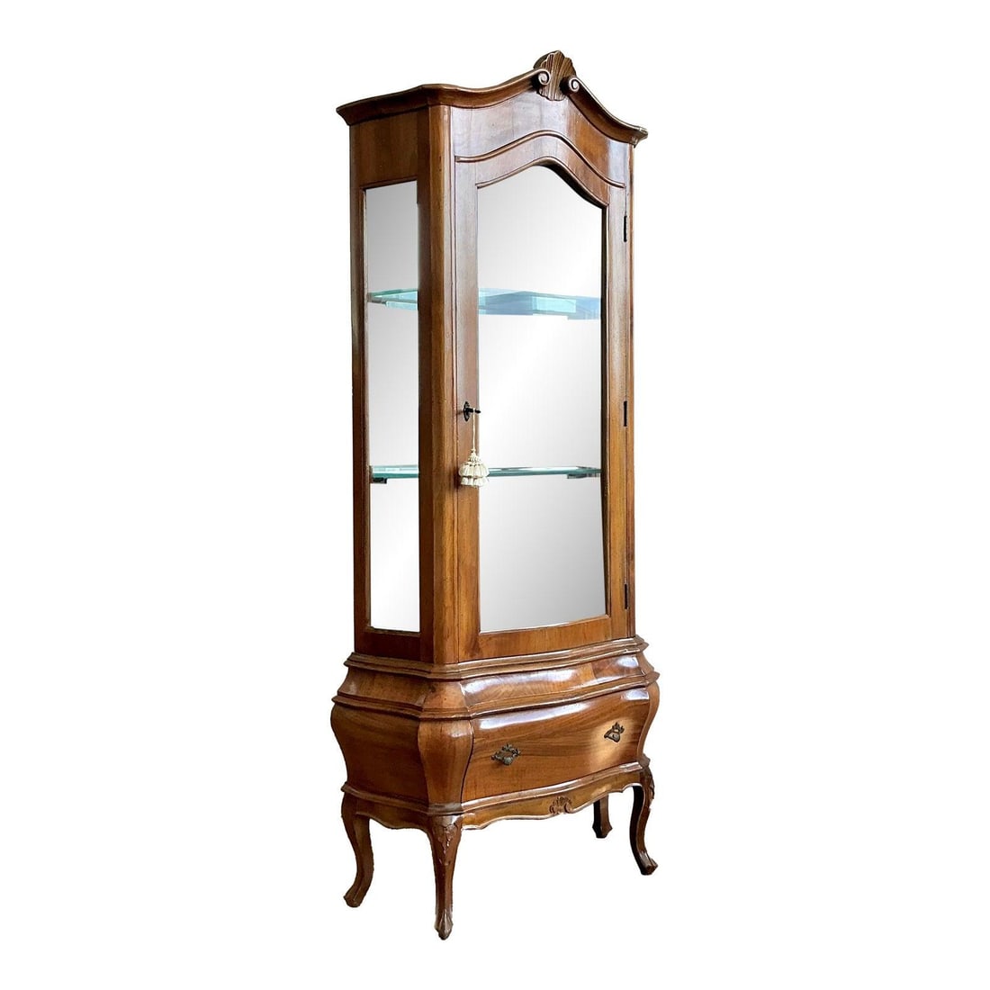 Vintage Italian Burl Wood Curio Cabinet with Glass Doors: Vintage Italian Burl Wood Curio Cabinet with Glass Doors Discover the beauty of classic Italian craftsmanship with this Vintage Italian Burl Wood Curio Cabinet. This exquisite vitrine showcases timele