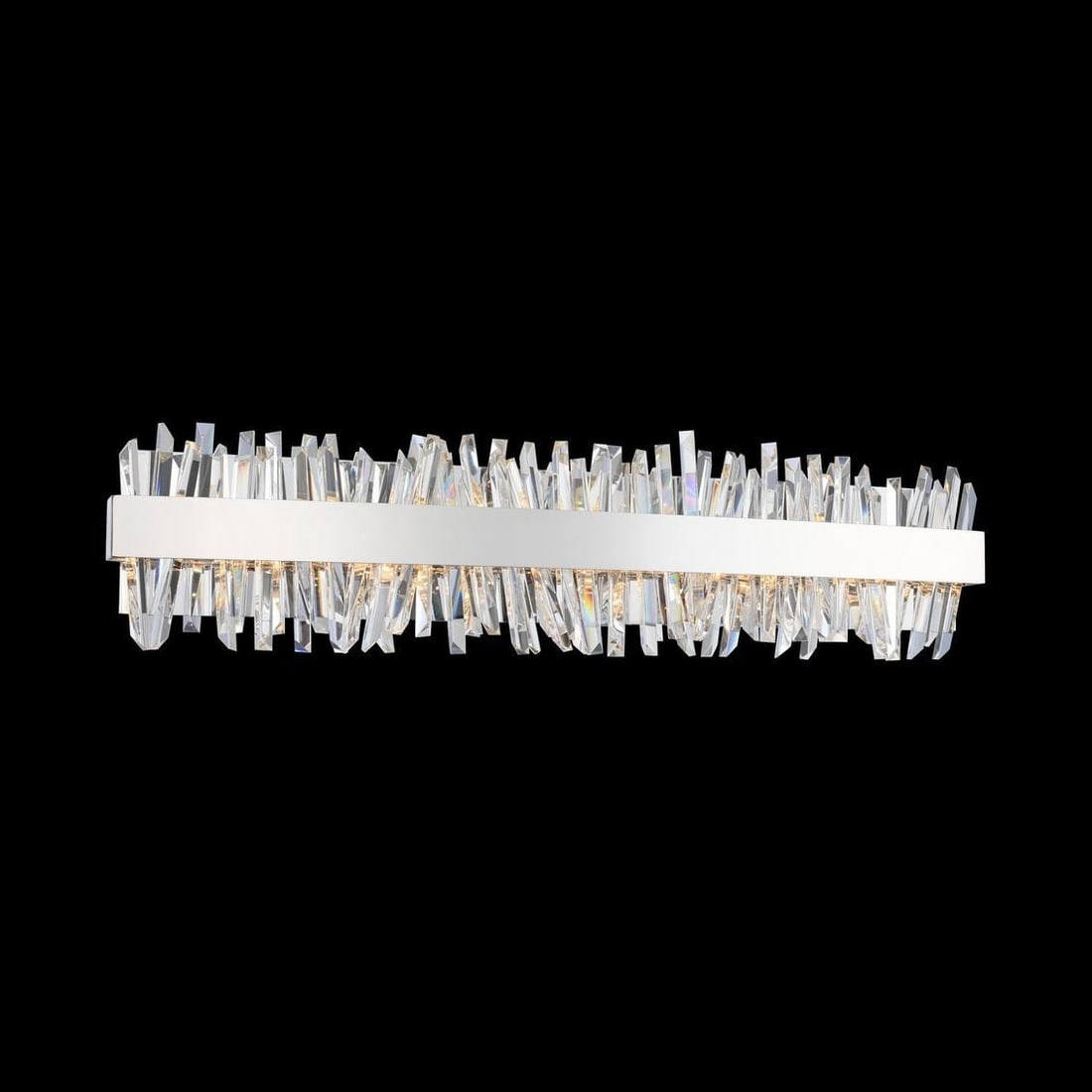 Kalco Glacier LED Bath Light 32 Inch Dimmable Chrome Firenze Crystal: Kalco Glacier LED Bath Light 32 Inch Dimmable Chrome Firenze Crystal Enhance your bathroom with the Sleek & Modern Glacier LED Bath Light Fixture, designed to provide a contemporary touch. Crafted to