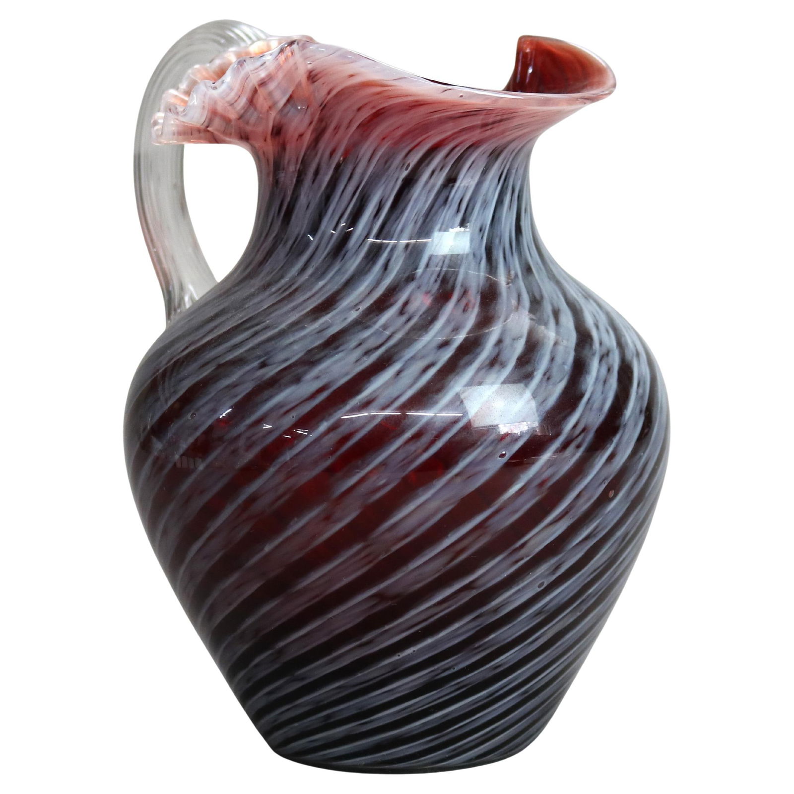 Antique Mt. Washington School Ruby Opalescent Ruffle Top Glass Pitcher c1900: Antique Mt. Washington School Ruby Opalescent Ruffle Top Glass Pitcher c1900 This exquisite Antique Mt. Washington School glass pitcher, crafted around 1900, showcases a stunning ruby and opalescent s