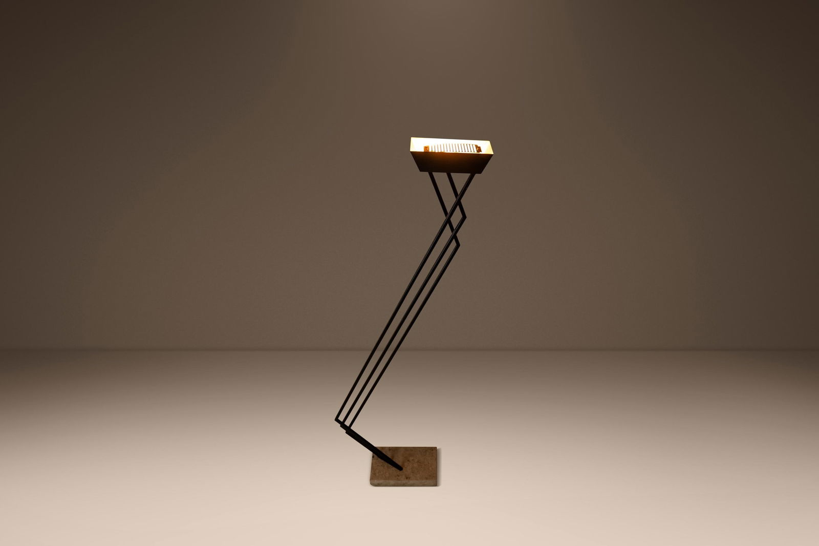 Italian Cantilever Floor Lamp with Travertine Base Postmodern 1980s 6 Foot Freestanding: Italian Cantilever Floor Lamp with Travertine Base Postmodern 1980s 6 Foot Freestanding This floor lamp, crafted in Italy during the 1980s, features a distinctive cantilever design with three connecte