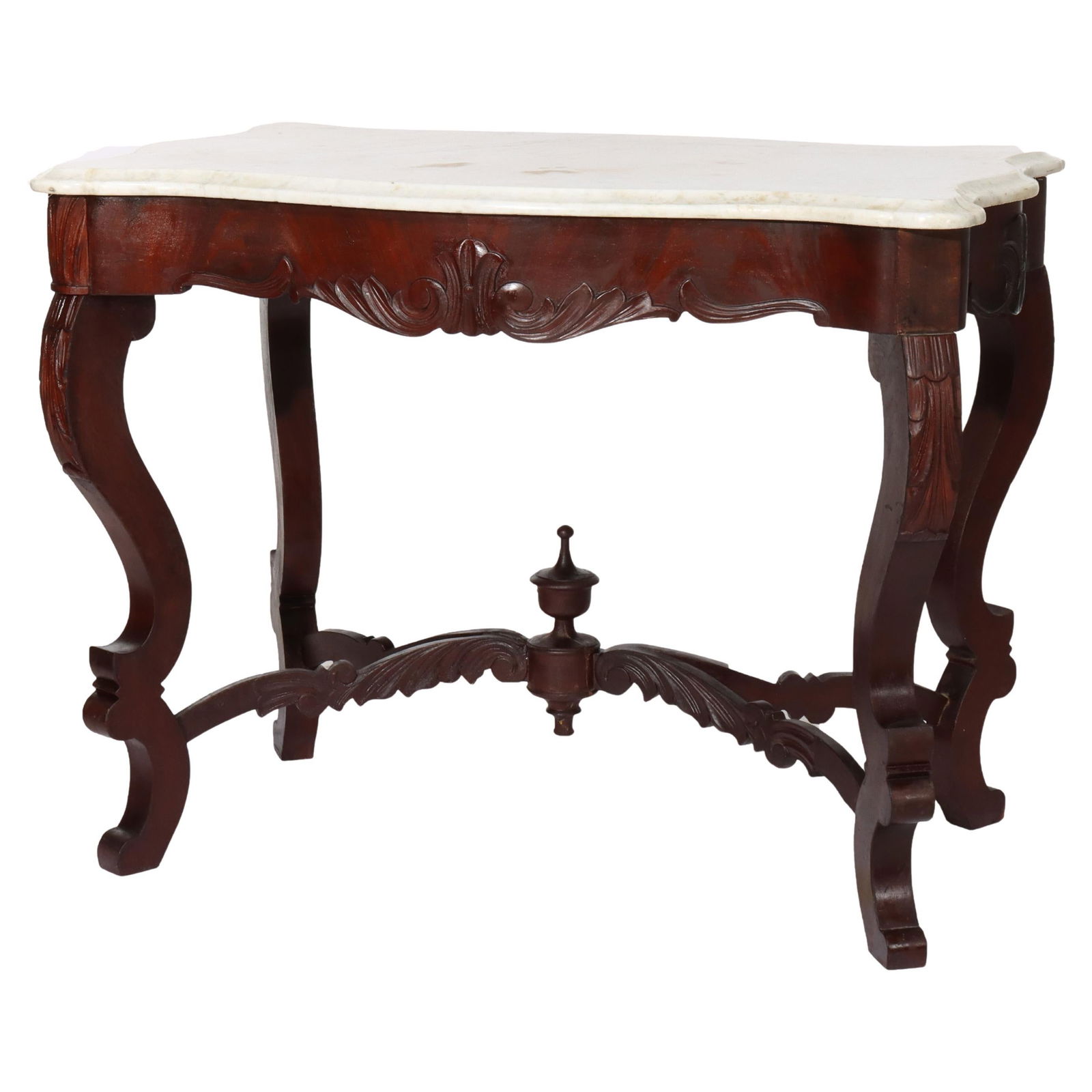 Antique 1890 Walnut Marble Turtle Top Center Table: Antique 1890 Walnut Marble Turtle Top Center Table This exquisite antique center table, crafted circa 1890, showcases a beautifully carved walnut base supporting a unique turtle-shaped marble top. The