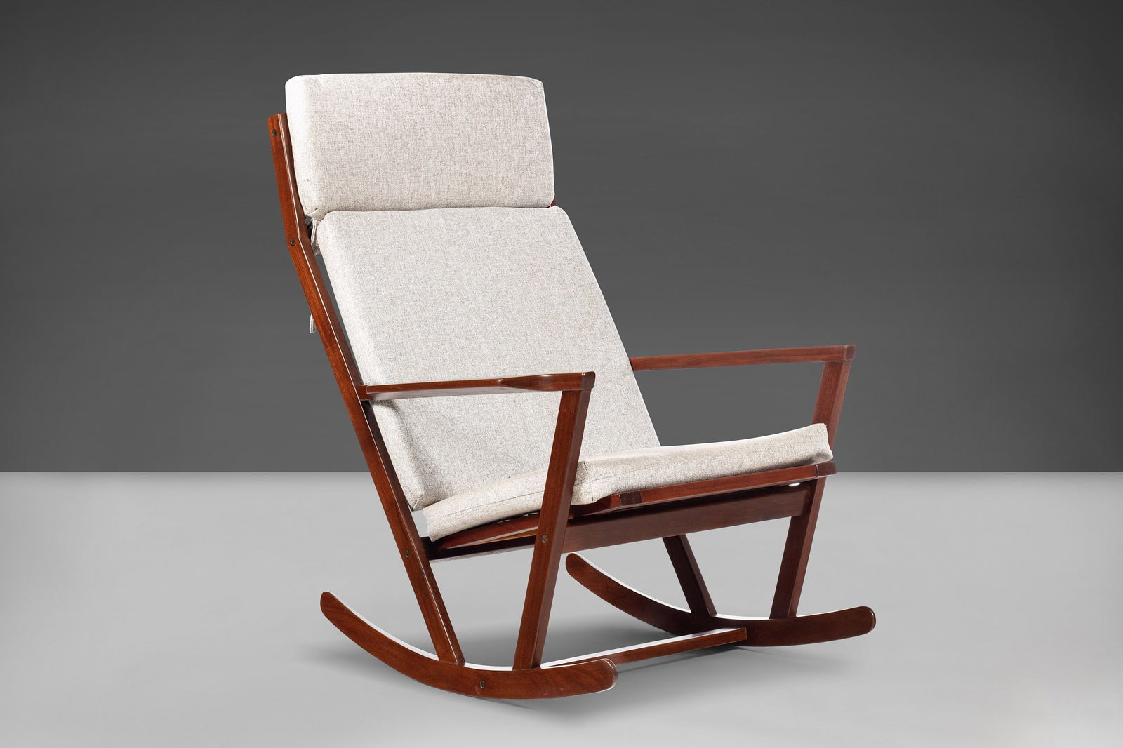 Poul Volther Sculptural Rocking Chair in Afromosia Wood c.1960s Newly Upholstered: Poul Volther Sculptural Rocking Chair in Afromosia Wood c.1960s Newly Upholstered Experience the elegance of the mid-century modern design with this Sculptural Rocking Chair by Poul Volther for Frem R