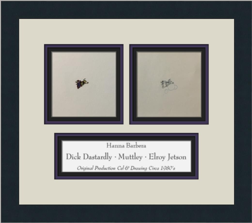 Hanna-Barbera Dick Dastardly Elroy Muttley Hand-Painted Animation Cel Framed 15x15: Hanna-Barbera Dick Dastardly Elroy Muttley Hand-Painted Animation Cel Framed 15x15 This exceptional hand-painted animation production cel features beloved characters Dick Dastardly, Elroy Jetson, and