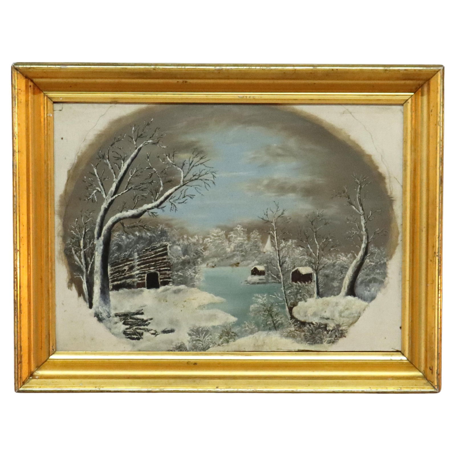 Antique Oil Painting Winter Landscape c1870 in Giltwood Frame (1 of 11)