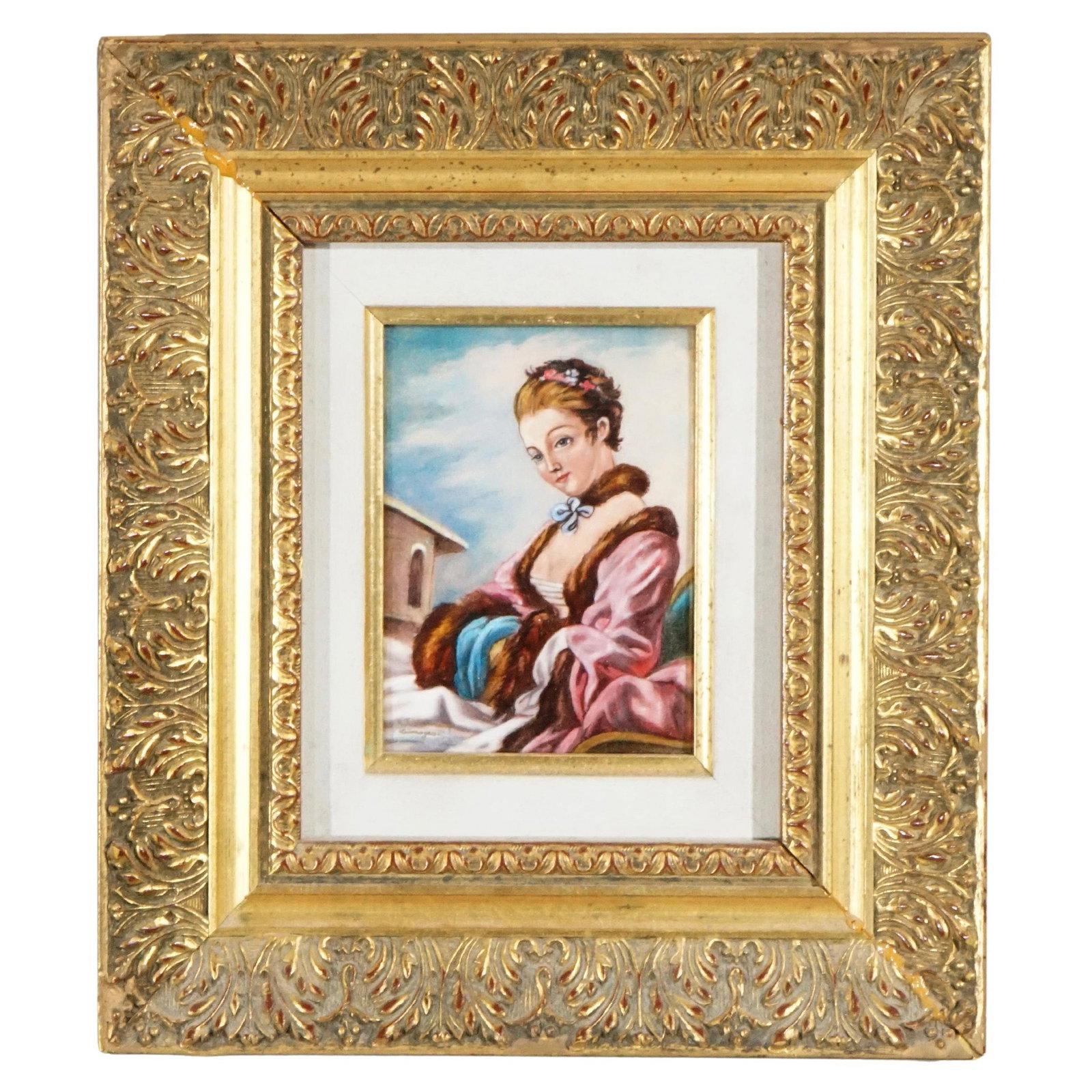 20th Century Limoges Enamel on Copper Woman Portrait Painting: 20th Century Limoges Enamel on Copper Woman Portrait Painting This exquisite 20th-century French Limoges enamel on copper portrait painting features a beautifully detailed depiction of a woman in peri