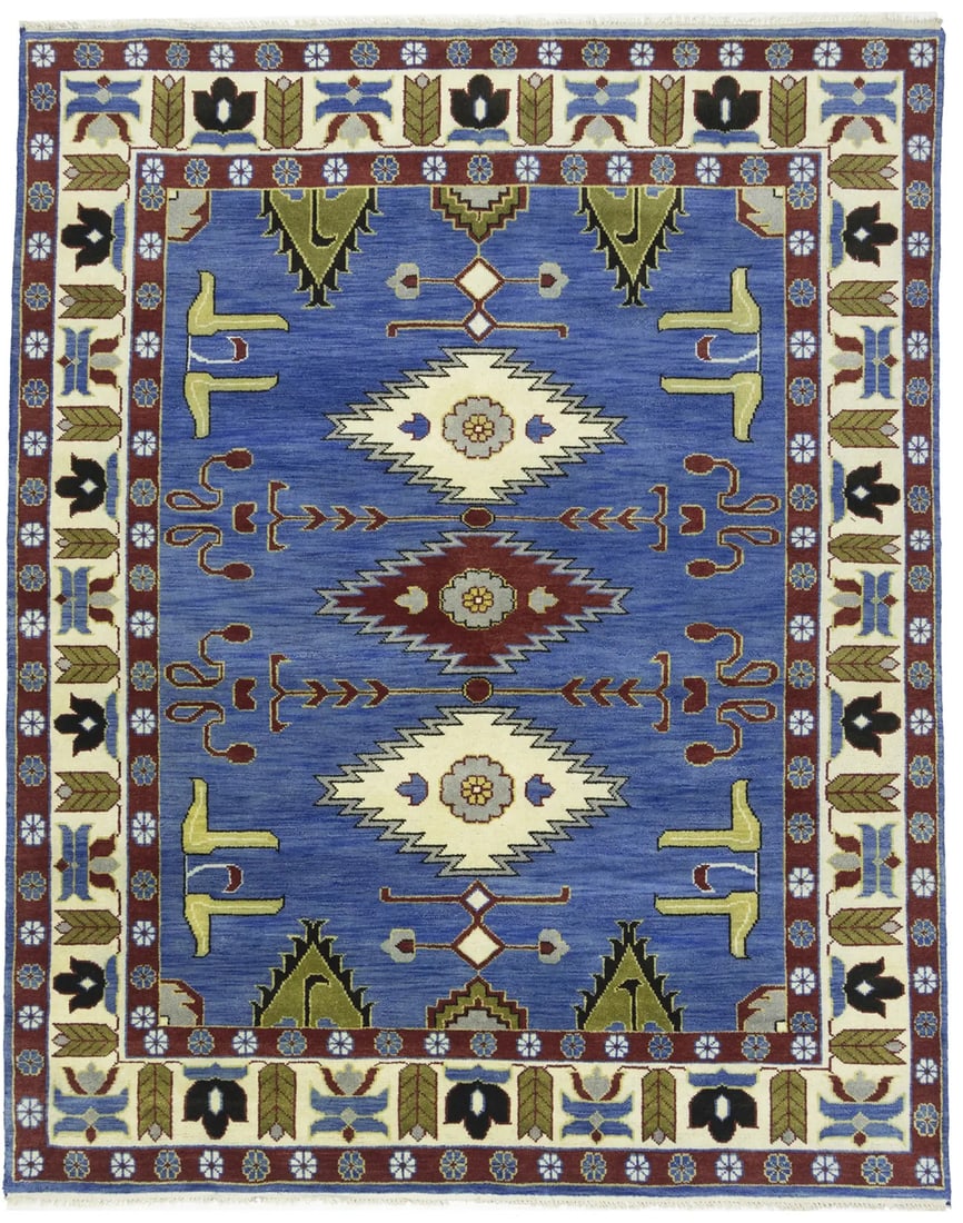 Handmade Kazak Wool Rug Tribal Geometric 8x10 ft Area Carpet: Handmade Kazak Wool Rug Tribal Geometric 8x10 ft Area Carpet Enhance your living space with this stunning handmade Kazak Oriental rug. Featuring a vibrant color palette of blue, red, gold, buff, beige