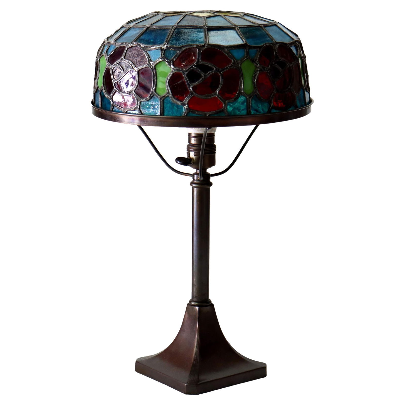 Arts and Crafts Floral Leaded Glass Bronze Table Lamp in Handel School Style c1920 (1 of 12)