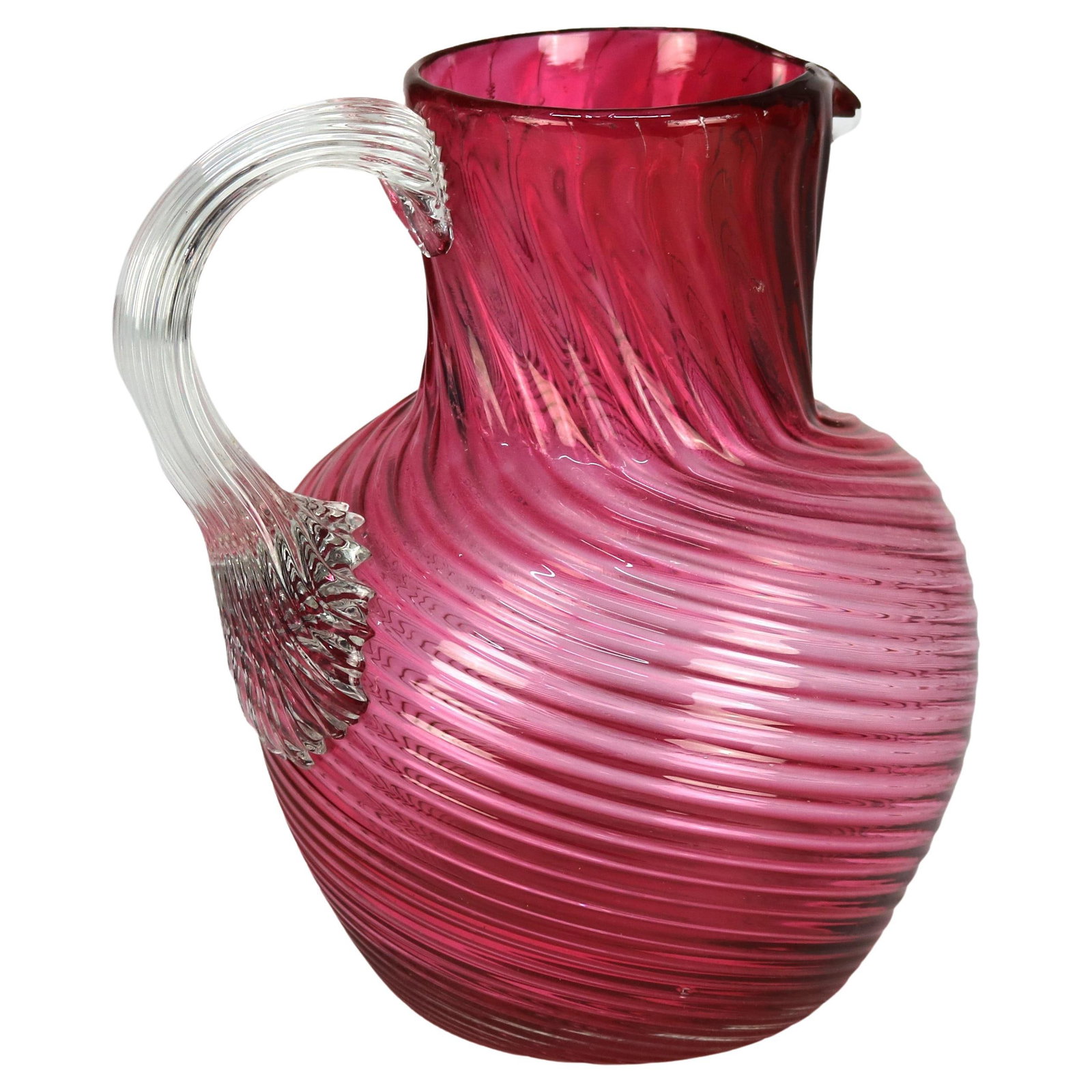 20th Century Cranberry Swirl Glass Water Pitcher with Handle (1 of 10)