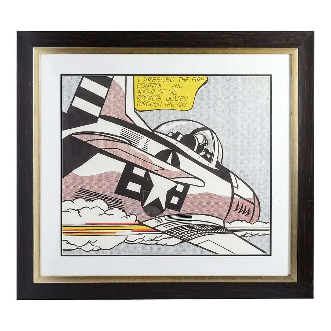 Framed Wham! Print by Roy Lichtenstein 36 x 41 Black Pop Art: Framed Wham! Print by Roy Lichtenstein 36 x 41 Black Pop Art Presenting a striking framed print titled "Wham!" by renowned artist Roy Lichtenstein. This vintage piece has recently been framed and is i