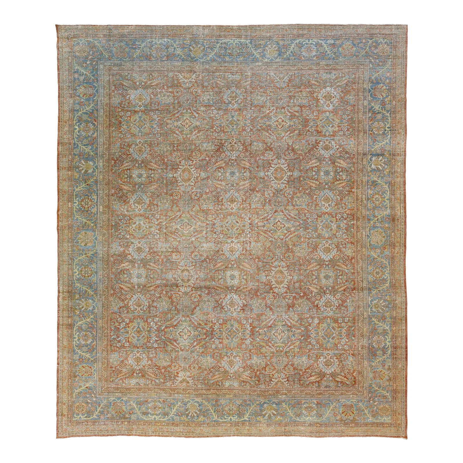 1900s Antique Persian Mahal Rust Wool Rug 11'10 x 14 Allover Floral Design: 1900s Antique Persian Mahal Rust Wool Rug 11'10 x 14 Allover Floral Design This exquisite 1900s Antique Persian Mahal rug showcases a stunning hand-knotted design in a rich rust color field. Adorned w