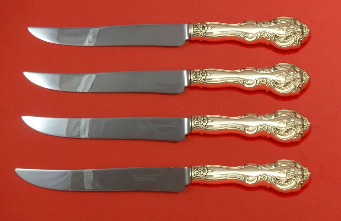 Gorham La Scala Sterling Silver Texas Steak Knife Set 4pc 10 inch: Gorham La Scala Sterling Silver Texas Steak Knife Set 4pc 10 inch Introducing the La Scala by Gorham Sterling Silver Steak Knife Set, a stunning 4-piece collection designed for steak lovers. Each knif