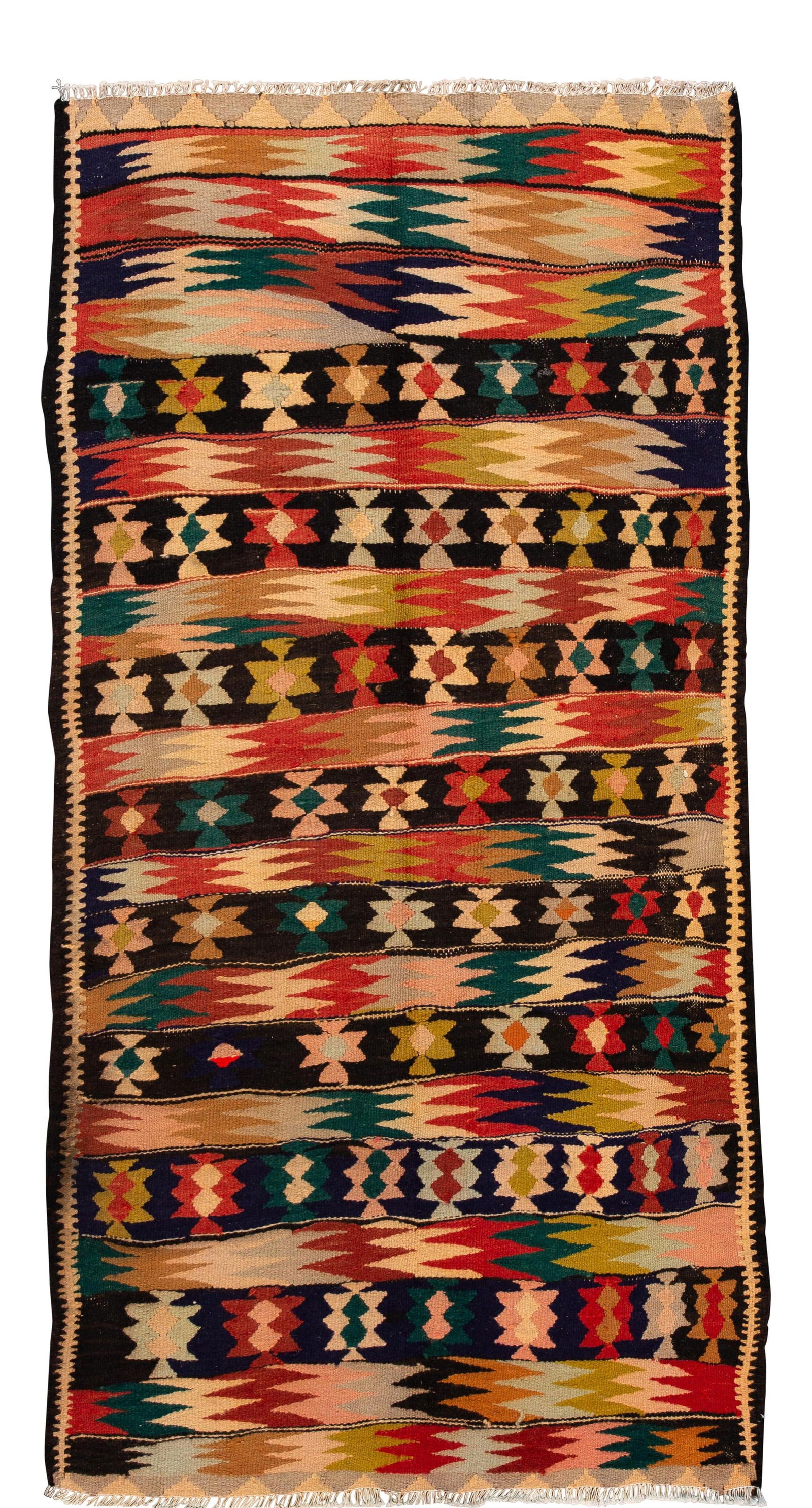 Mid-20th Century Hand-Woven Wool Kilim Runner Rug Tan Geometric Design 3'10 x 8': Mid-20th Century Hand-Woven Wool Kilim Runner Rug Tan Geometric Design 3'10 x 8' Enhance your space with this stunning mid-20th century vintage Kilim runner rug. Hand-woven with a tan field and vibran