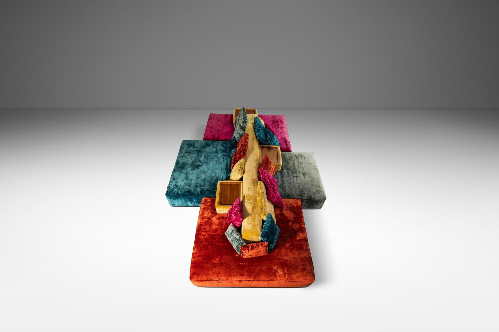 Vibieffe Modular Double Sided Rainbow Sofa Sectional Italian Velvet 2000s: Vibieffe Modular Double Sided Rainbow Sofa Sectional Italian Velvet 2000s Introducing an expansive double-sided sectional sofa by Vibieffe, Italy, crafted in the 2000s. This Mid-Century Modern-inspire