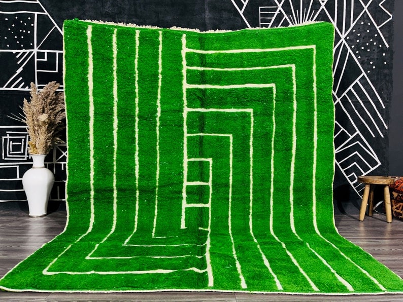 Authentic Handwoven Green Rug from Morocco 100% Wool: Authentic Handwoven Green Rug from Morocco 100% Wool Experience the elegance of this Luxury Engraved Green Rug, meticulously handwoven in the Atlas Mountains by skilled Berber women weavers. This stun