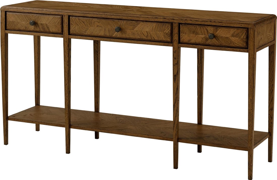 Theodore Alexander Nova Console Table Dusk Finish Two-Tier: Theodore Alexander Nova Console Table Dusk Finish Two-Tier Introducing the Theodore Alexander Modern Console Table, designed in a stylish antique or vintage-inspired aesthetic. This striking piece fea