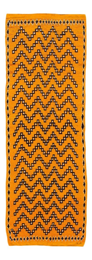21st Century Moroccan Tribal Runner Burnt Orange Wool 3'7 x 10'3: 21st Century Moroccan Tribal Runner Burnt Orange Wool 3'7 x 10'3 This stunning 21st Century Modern Moroccan Runner rug showcases a vibrant burnt orange field adorned with an eye-catching abstract geom