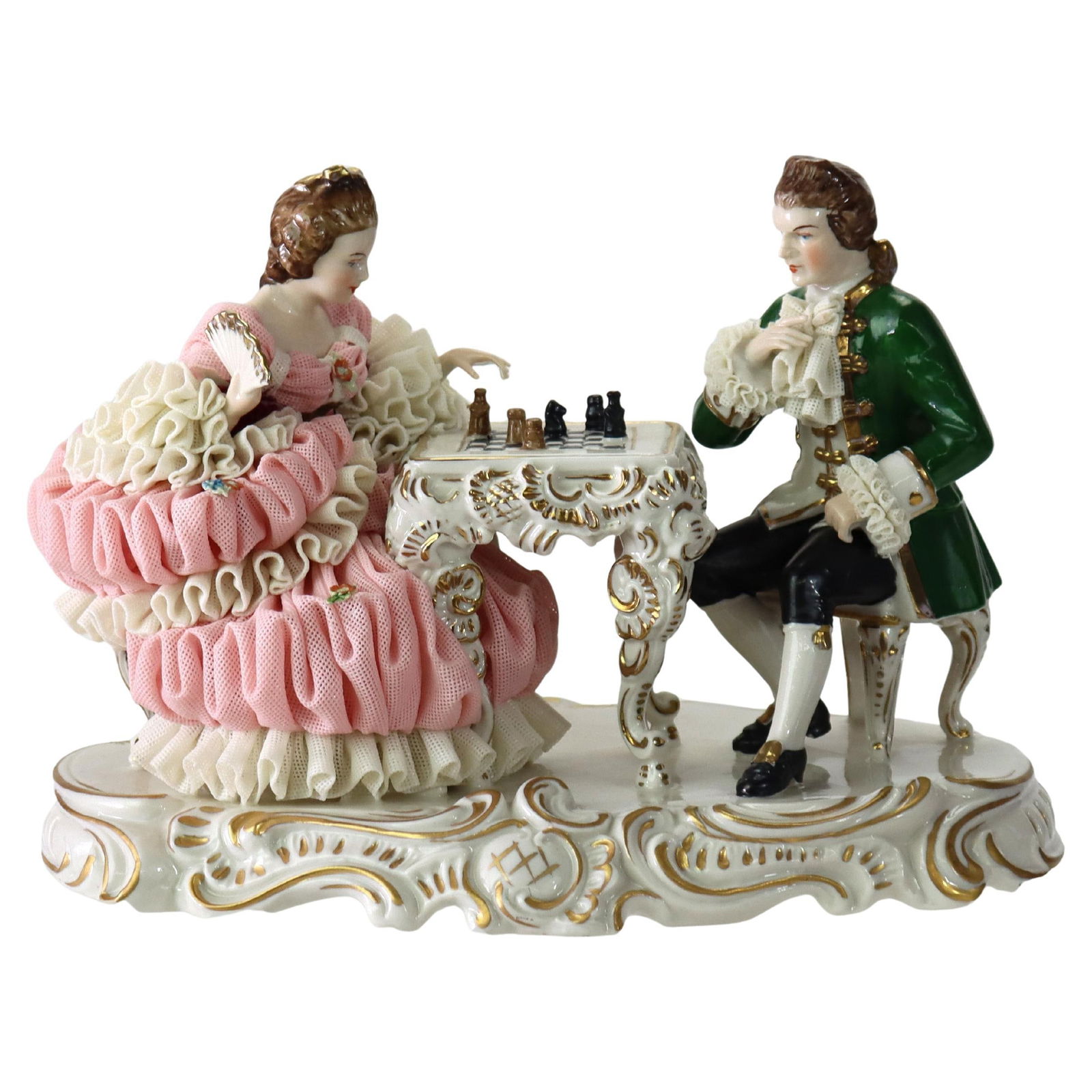 19th Century Antique Dresden Lace Hand Painted Chess Players Porcelain (1 of 8)
