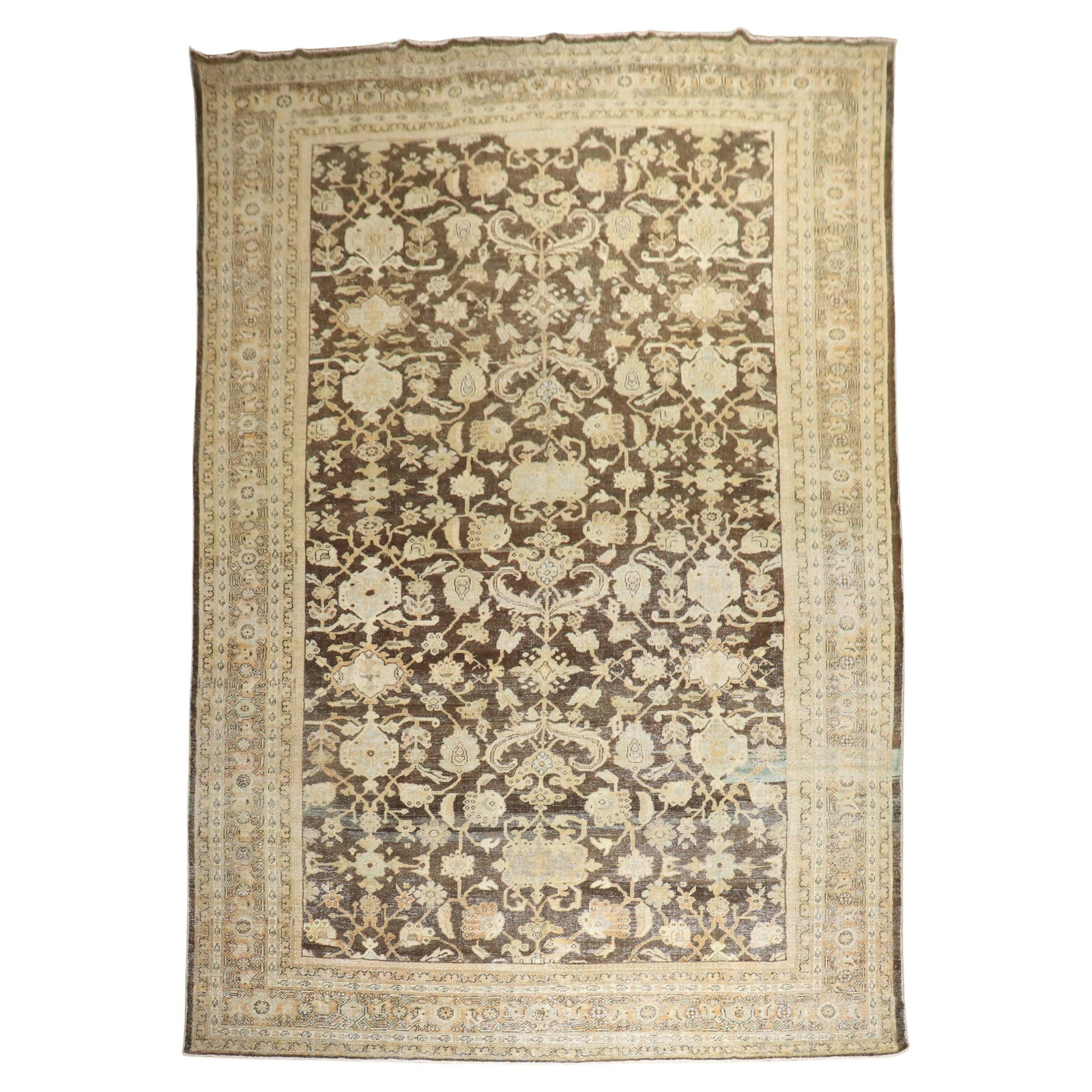 Zabihi Collection 10'7 x 17'3 Brown Antique Persian Mahal Rug: Zabihi Collection 10'7 x 17'3 Brown Antique Persian Mahal Rug Introducing the Zabihi Collection Brown Antique Persian Mahal Rug, a stunning piece that embodies the elegance of early 20th-century