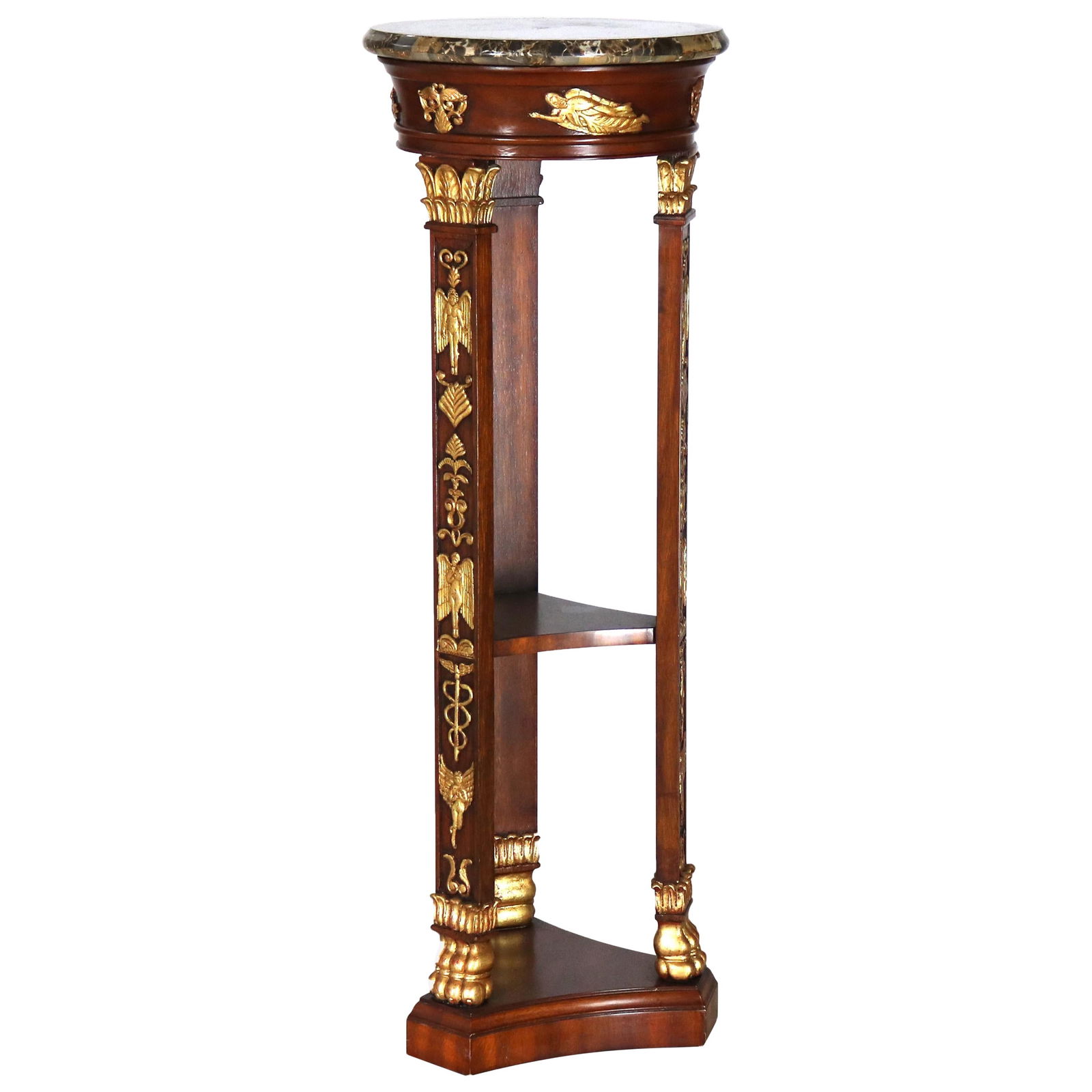 Maitland Smith French Empire Mahogany Sculpture Stand with Ormolu Accents: Maitland Smith French Empire Mahogany Sculpture Stand with Ormolu Accents This exquisite sculpture stand, designed in the French Empire style, showcases a stunning combination of mahogany and figural