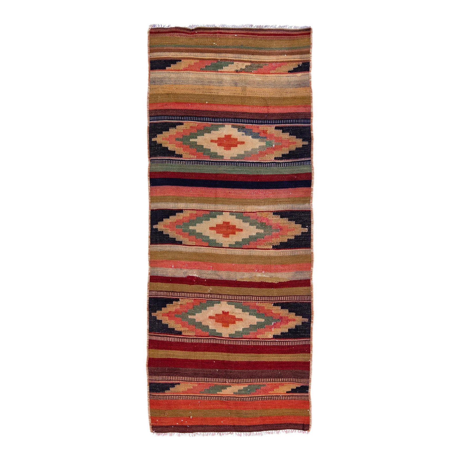 1960s Turkish Kilim Handmade Wool Rug Multicolor Tribal Design: 1960s Turkish Kilim Handmade Wool Rug Multicolor Tribal Design This exquisite vintage Turkish Kilim rug showcases a stunning hand-knotted wool construction with a rich burnt orange field. Accented by