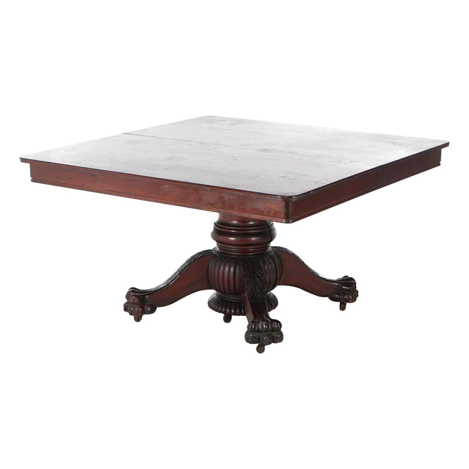 Antique American Empire Carved Mahogany Banquet Table with 6 Leaves c1880: Antique American Empire Carved Mahogany Banquet Table with 6 Leaves c1880 This exquisite antique American Empire banquet table, crafted from rich mahogany around c1880, embodies classic elegance and