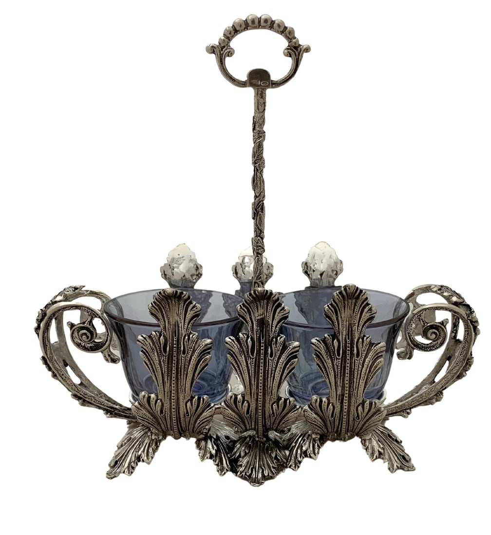 Italian 925 Sterling Silver Double Salt Holder with Blue Crystal Accents: Italian 925 Sterling Silver Double Salt Holder with Blue Crystal Accents This exquisite double salt holder is crafted from fine Italian 925 sterling silver, showcasing a stunning blue crystal leaf app