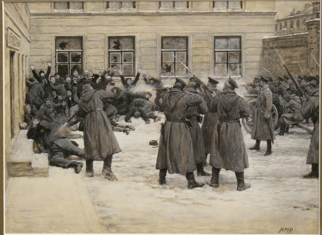 1906 Signed Watercolor by H.M.P. Russian Army Scene in Gold Frame: 1906 Signed Watercolor by H.M.P. Russian Army Scene in Gold Frame This striking original watercolor painting, created in 1906, captures a poignant scene depicting the Russian army in a tragic moment o