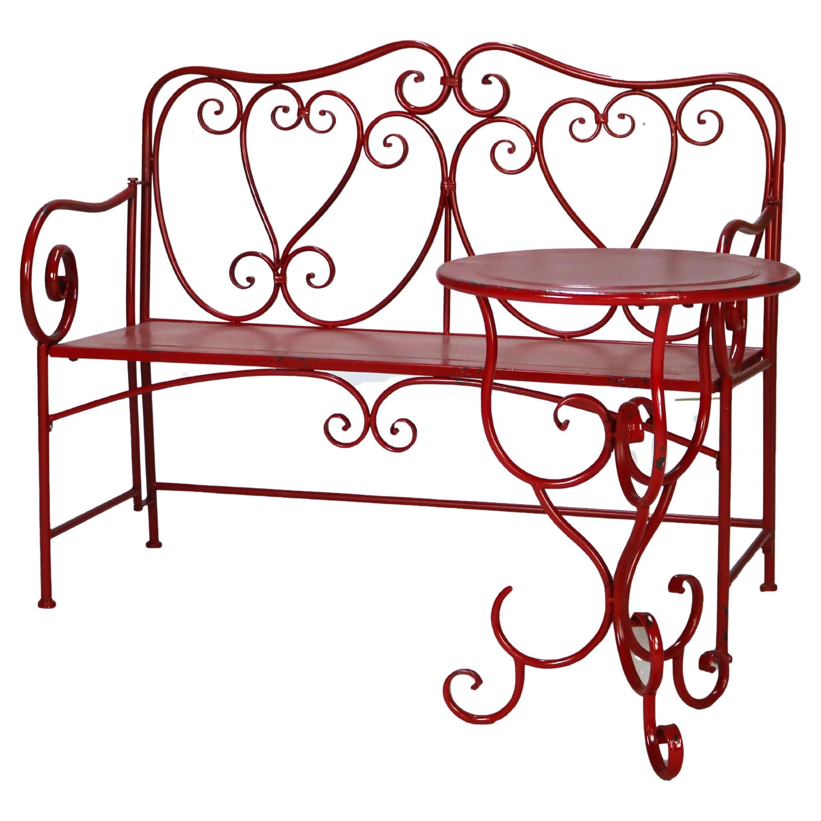 Vintage Red Wrought Iron Garden Bench and Table Set C1950: Vintage Red Wrought Iron Garden Bench and Table Set C1950 Enhance your outdoor space with this charming two-piece vintage garden set, featuring a bench and table crafted from durable wrought iron. The