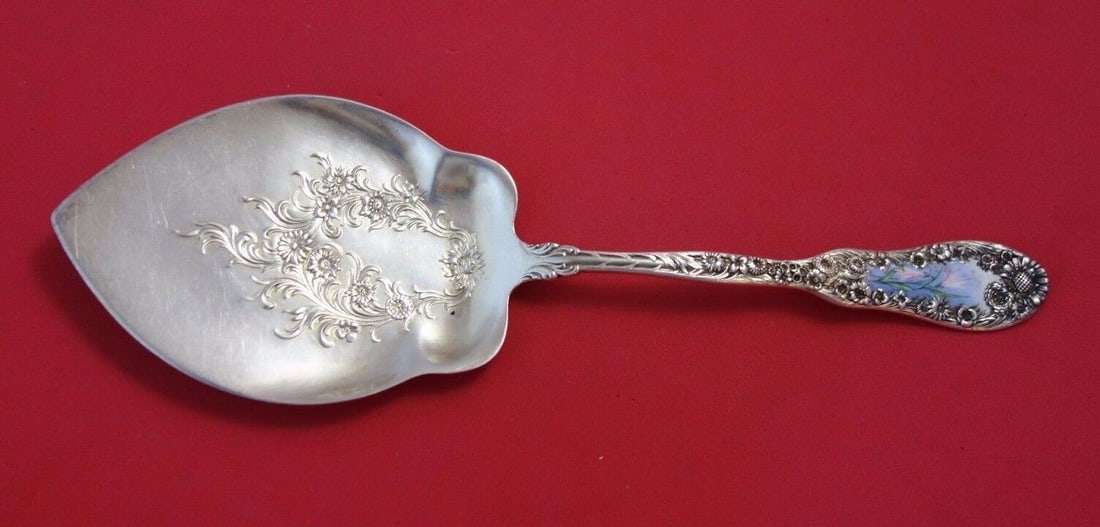 Dominick & Haff Sterling Silver Number 10 Pie Server 9 3/4" with Enamel Flowers: Dominick & Haff Sterling Silver Number 10 Pie Server 9 3/4" with Enamel Flowers Introducing a stunning pie server crafted by Dominick & Haff, featuring the elegant Number 10 pattern. This exquisite pi