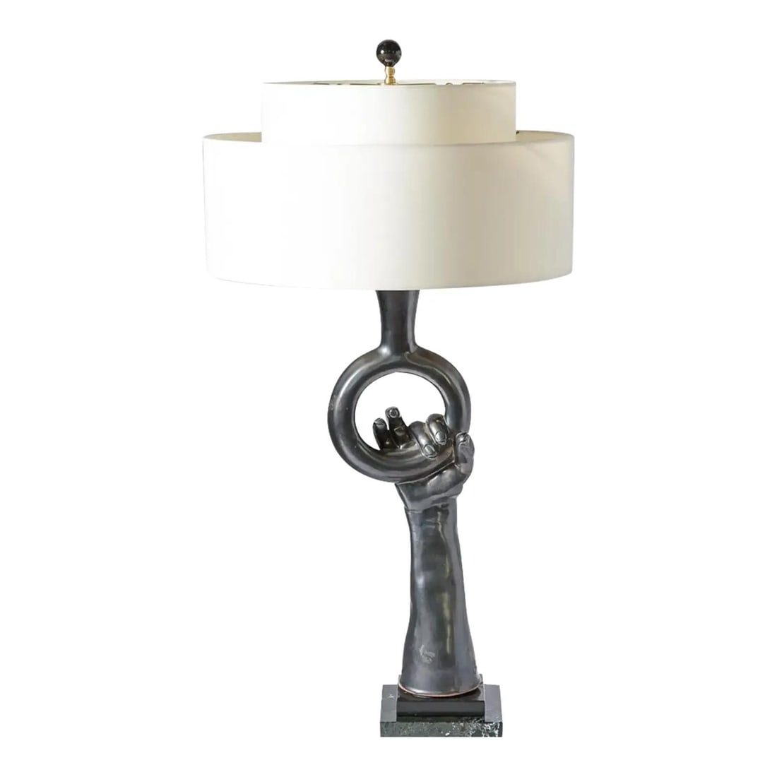 Signed Jean Marais Terracotta Table Lamp with Hand Motif Black Luster Finish (1 of 10)