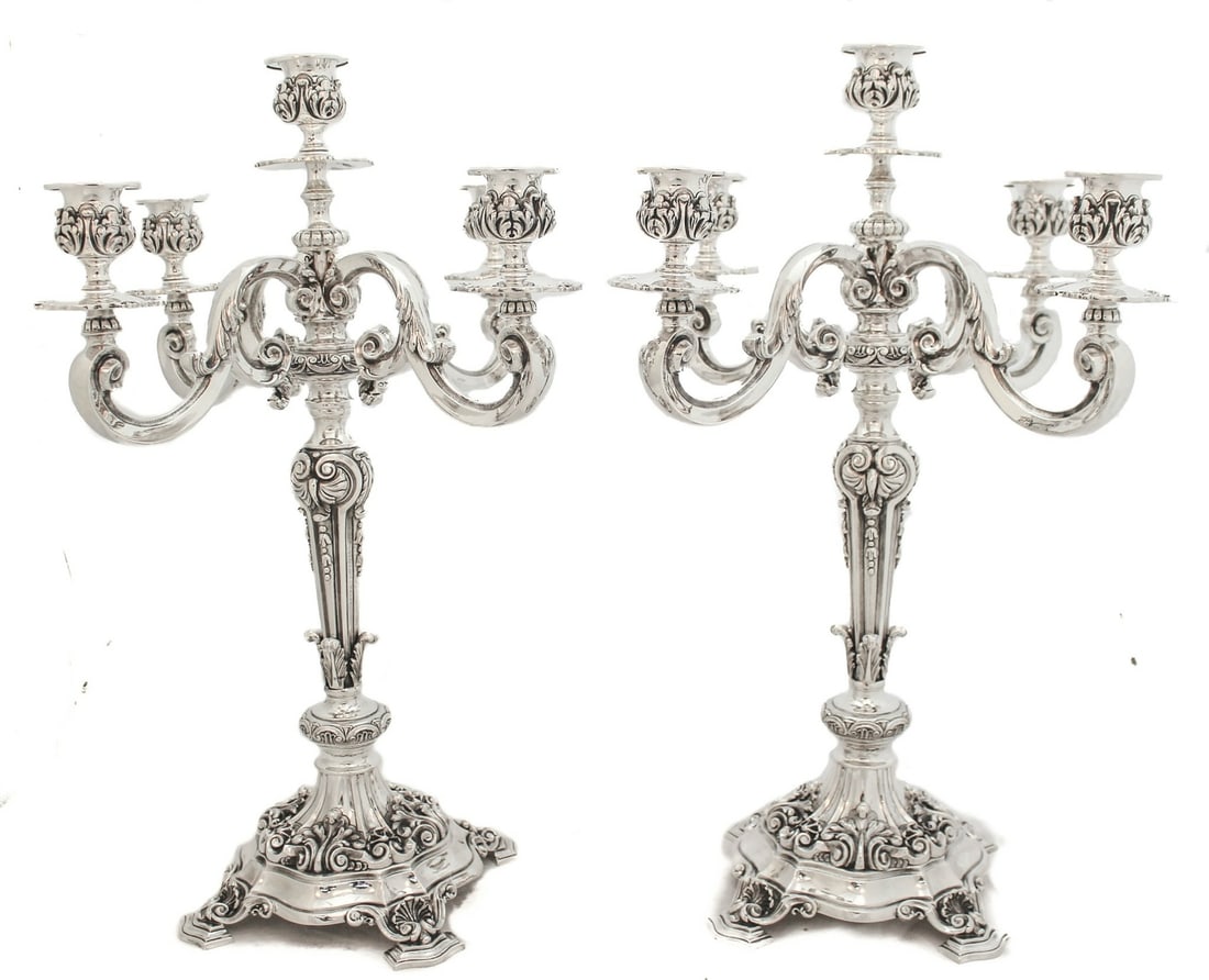 Elegant Pair of 800 Silver Chased Leaf Candelabras 5-Light Portugal (1 of 6)