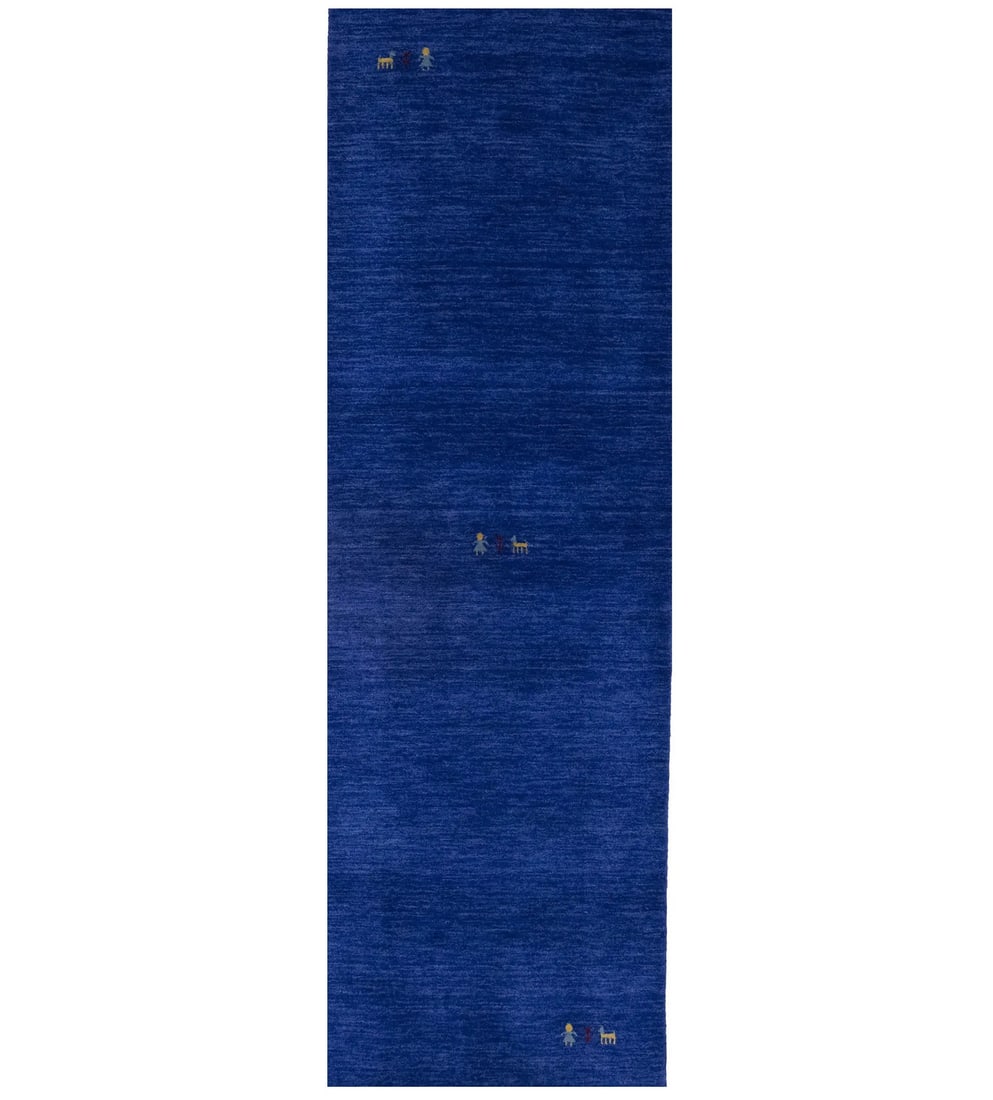 Hand-Loomed Royal Blue Gabbeh Modern Runner Rug 2'7 x 8'0 Pictorial Design: Hand-Loomed Royal Blue Gabbeh Modern Runner Rug 2'7 x 8'0 Pictorial Design Enhance your living space with this stunning Royal Blue Gabbeh Modern Runner Rug, perfect for kitchens and bedrooms.
