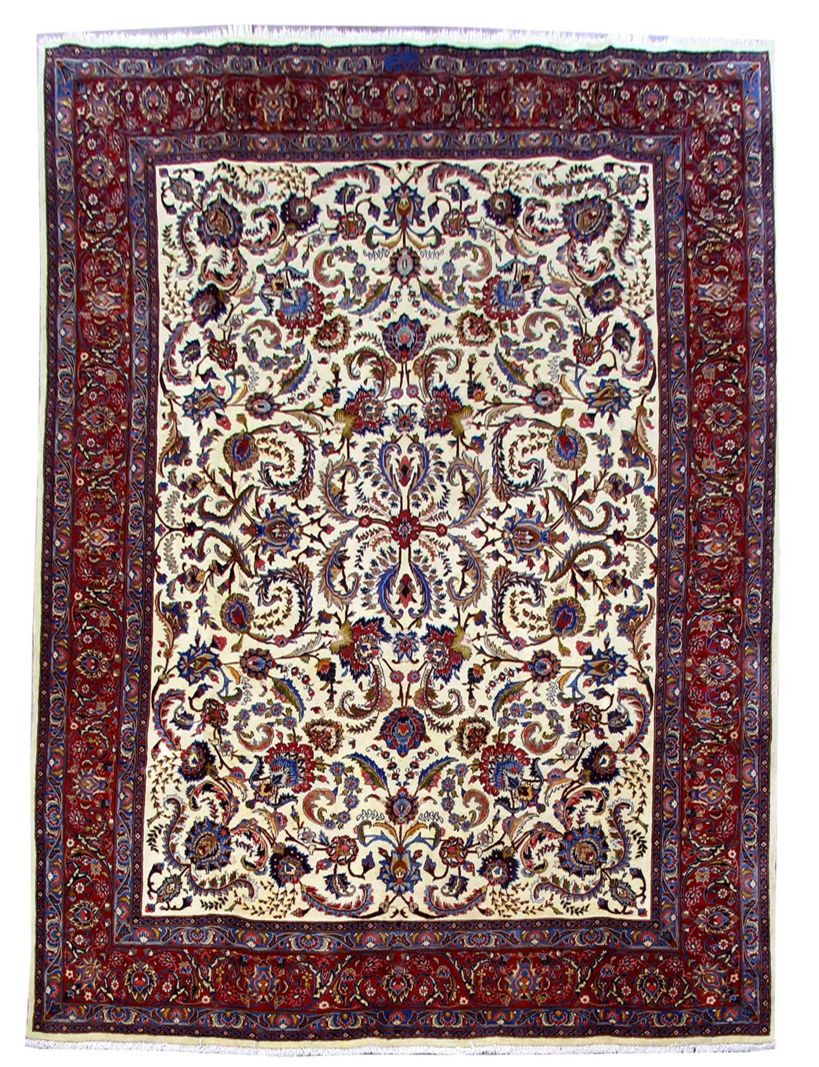 Handcrafted 9.8 x 13.4 White Ivory Persian Mashad Rug: Handcrafted 9.8 x 13.4 White Ivory Persian Mashad Rug Free continental US Shipping Transform your living space with this exquisite 9' 8" x 13' 4" White Ivory Persian Mashad Rug, handcrafted by