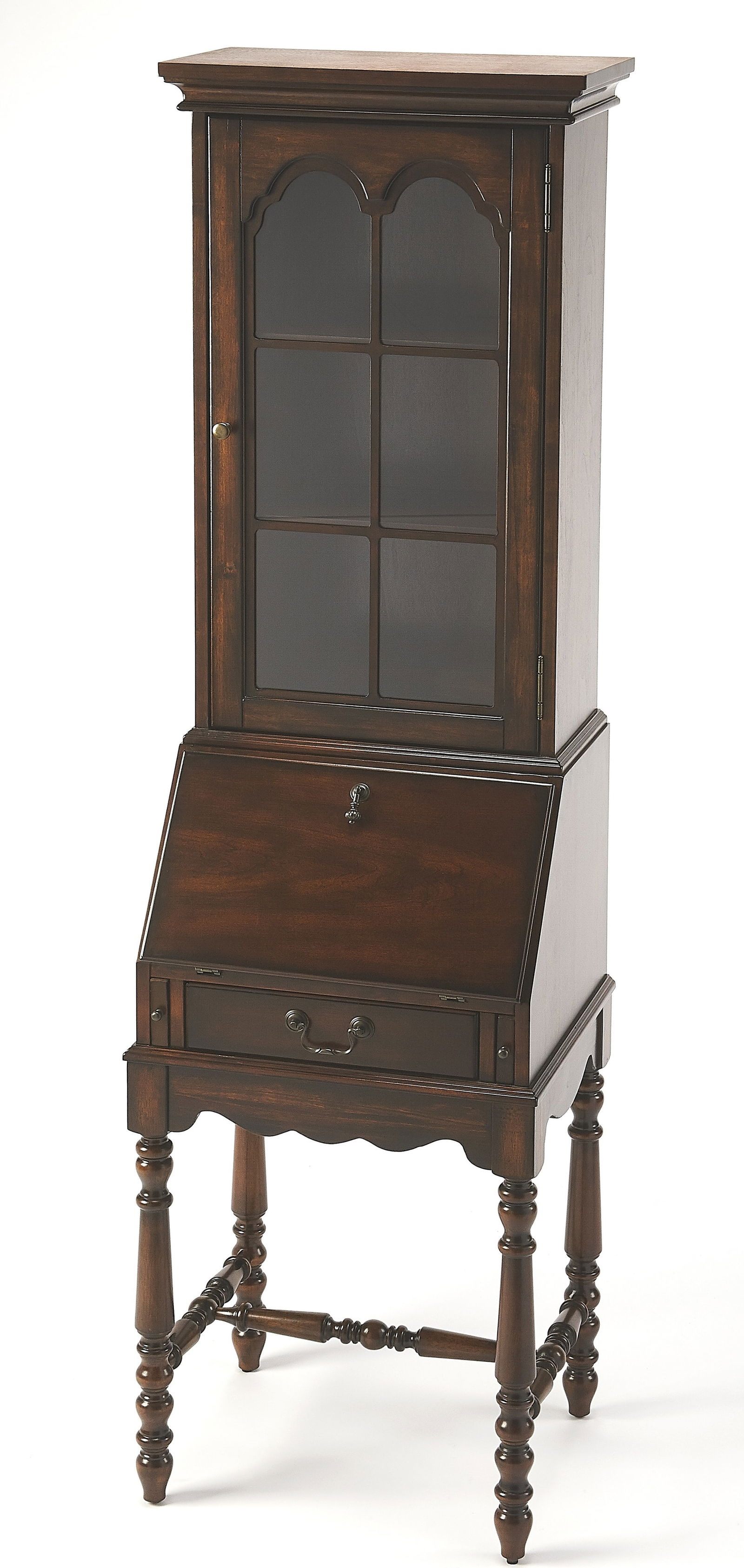 Butler Newlark Dark Brown Cherry Secretary Desk 74H 20W 17D: Butler Newlark Dark Brown Cherry Secretary Desk 74H 20W 17D Elevate your workspace with this elegant Butler Dark Brown Secretary Desk, designed to combine functionality and style. This formal-style de