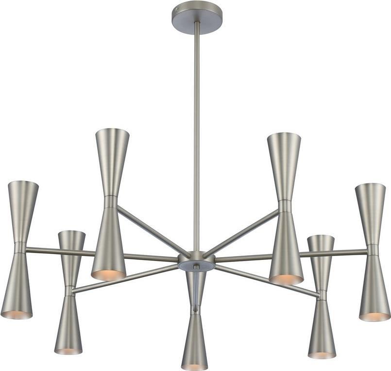 Kalco Milo 14-Light Satin Nickel Mid-Century Modern Chandelier: Kalco Milo 14-Light Satin Nickel Mid-Century Modern Chandelier Enhance your space with this stunning Mid-Century Modern Style Chandelier, designed to bring elegance and sophistication to any room. Thi
