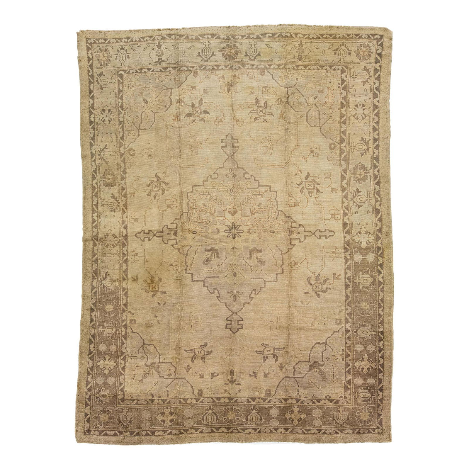 1960s Handmade Beige Turkish Oushak Wool Rug with Medallion Motif 9' x 11'10" (1 of 7)