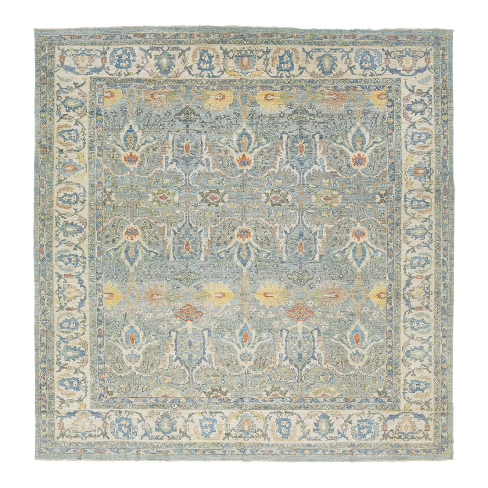 Modern Sultanabad Blue Wool Rug 13'2 x 13'6 Allover Pattern: Modern Sultanabad Blue Wool Rug 13'2 x 13'6 Allover Pattern Transform your living space with this exquisite square hand-knotted wool rug that features a stunning blue background complemented by multic