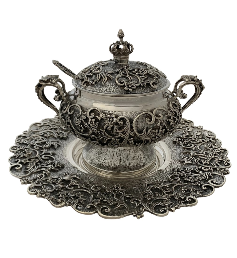 Handmade 925 Sterling Silver Floral Leaf Honey Dish Tray Set (1 of 5)