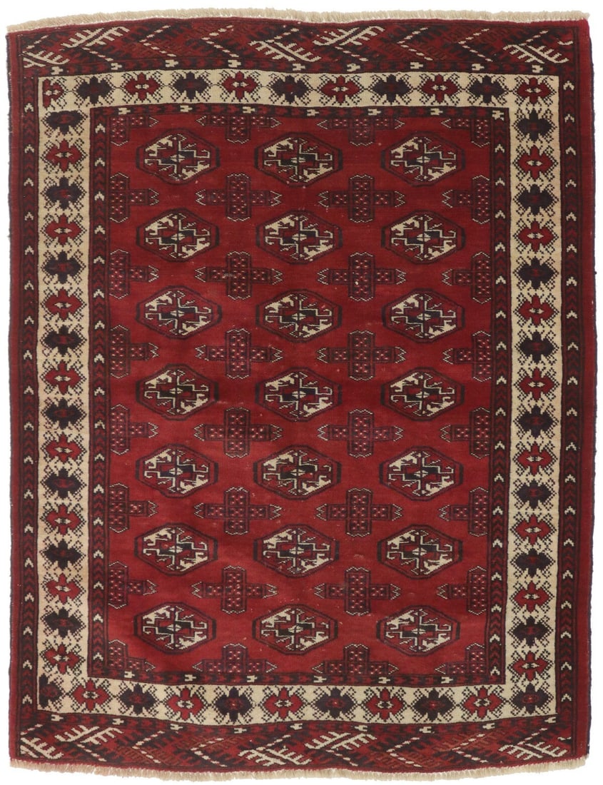Handmade Vintage Tribal Wool Rug 4'9 x 3'8 Red Ivory Charcoal: Handmade Vintage Tribal Wool Rug 4'9 x 3'8 Red Ivory Charcoal This stunning handmade semi-antique Oriental rug features a vibrant tribal design in shades of red, ivory, and charcoal, making it an idea
