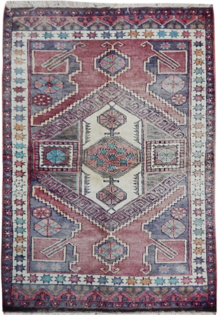 Antique Azerbaijan Kazak Rug 4.5' x 7.2' Handmade Wool Pinkberry (1 of 8)