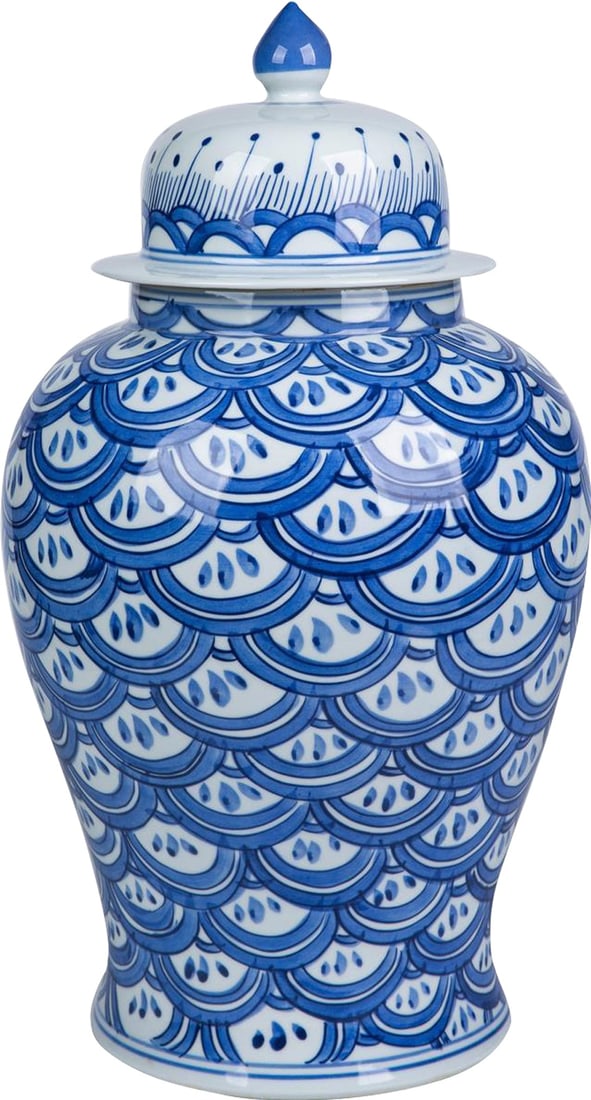 Hand-Crafted Blue White Ceramic Temple Jar 21H Chinoiserie Style (1 of 3)