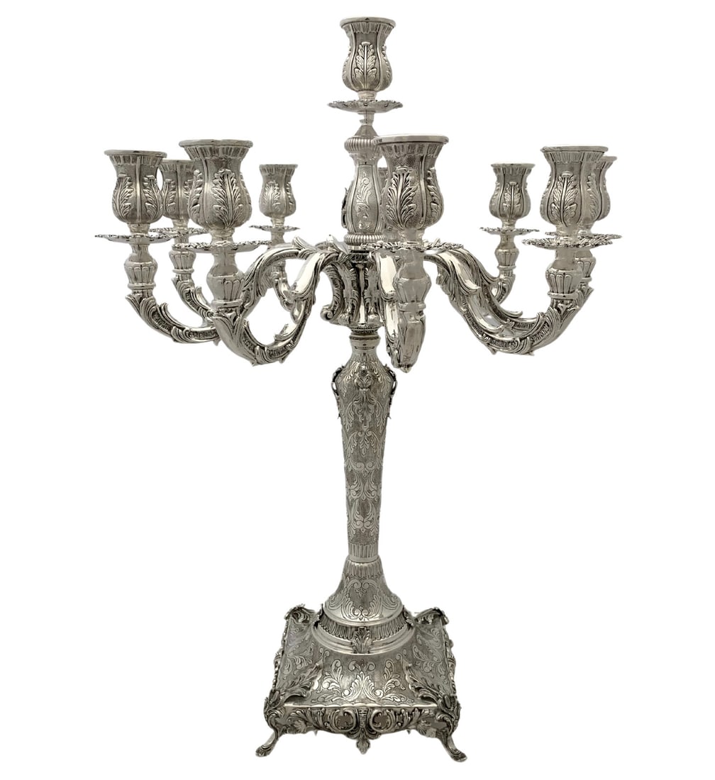 Handmade 925 Sterling Silver 10 Light Candelabra with Leaf Design: Handmade 925 Sterling Silver 10 Light Candelabra with Leaf Design This exquisite 10-light candelabra is crafted from fine 925 sterling silver, showcasing a stunning handmade chased swirl leaf applique