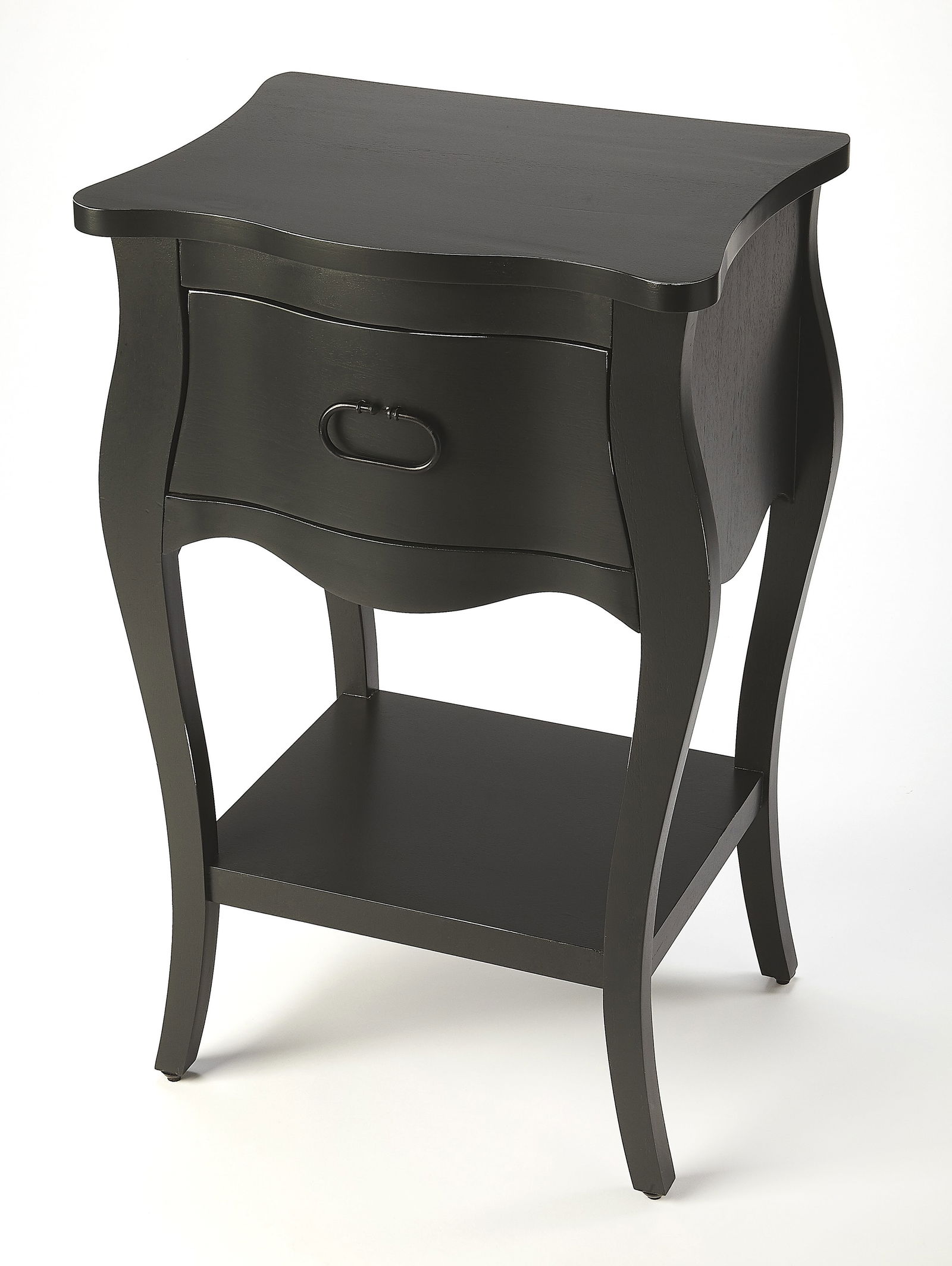 Butler Black Rochelle Transitional Nightstand with Scalloped Apron: Butler Black Rochelle Transitional Nightstand with Scalloped Apron Introducing the Elegant Black Rochelle Nightstand, a stunning piece that blends antique and vintage styles with modern functionality.