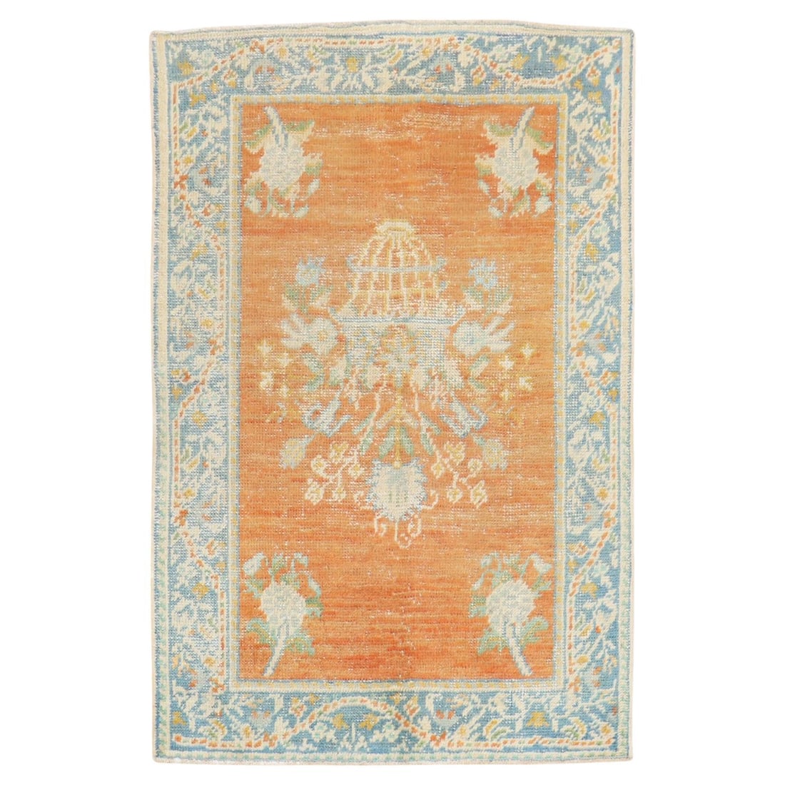 Antique Oushak Rug Orange Floral Hand-Woven Turkey 3'7" x 4'10": Antique Oushak Rug Orange Floral Hand-Woven Turkey 3'7" x 4'10" Discover the beauty of this early 20th-century antique Oushak rug, showcasing a vibrant orange field adorned with intricate floral patte